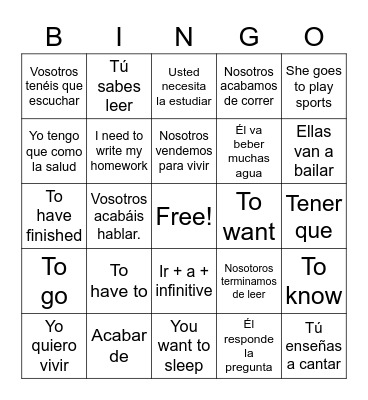 Conjugated Verbs + Infinitive Bingo Card