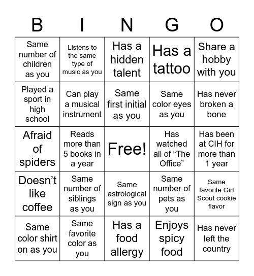 Ice Breaker Bingo Card