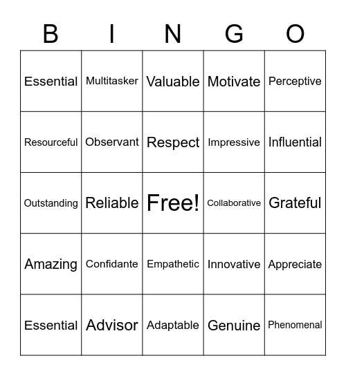 SHS Staff Appreciation Bingo Card