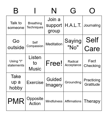 Coping Skills Bingo Card