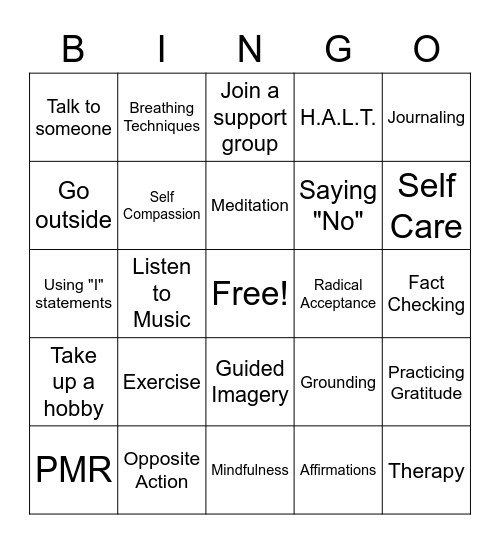 Coping Skills Bingo Card