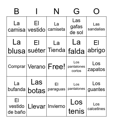 La Ropa Bingo Card