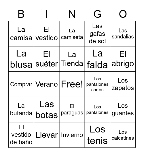 La Ropa Bingo Card