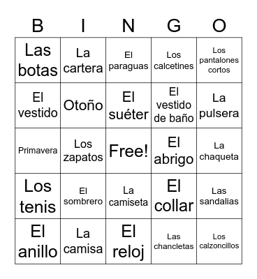 La Ropa Bingo Card