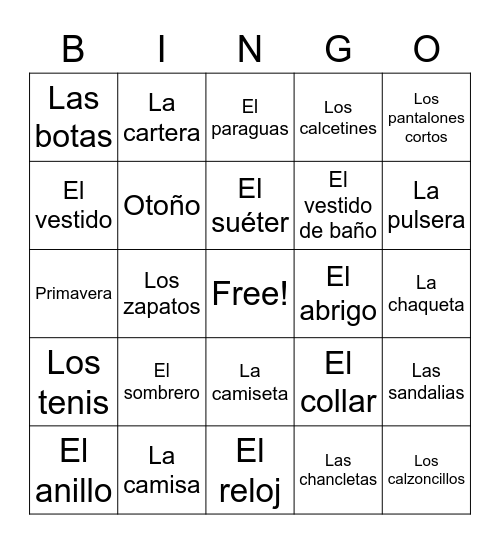 La Ropa Bingo Card