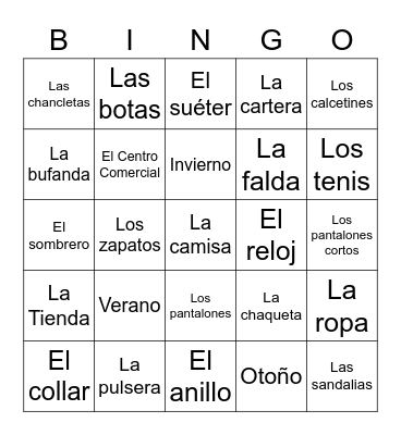 La Ropa Bingo Card