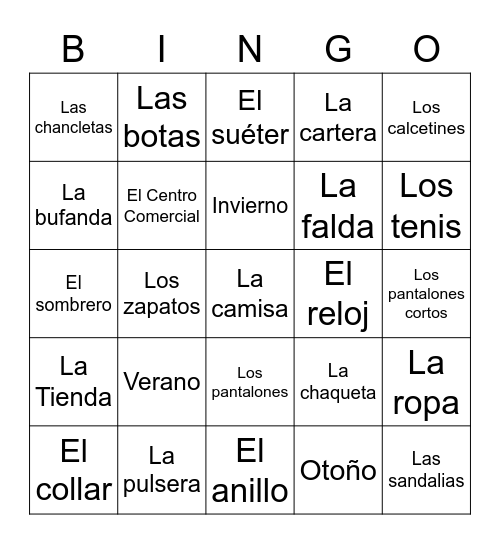 La Ropa Bingo Card