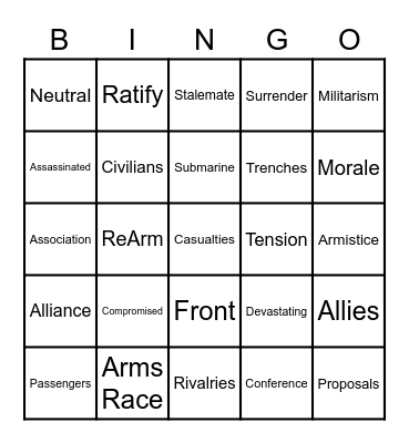 World War One Bingo Card