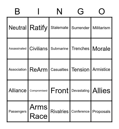 World War One Bingo Card