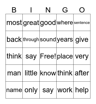 Fry Sight Words Bingo Card