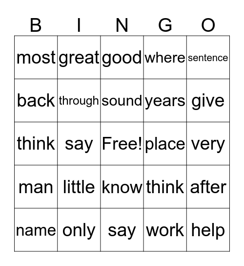 Fry Sight Words Bingo Card