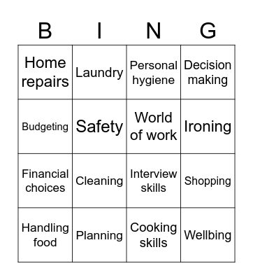 Independent Living Bingo Card