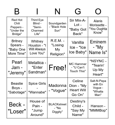 90's Hit Songs Bingo Card