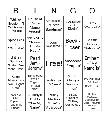90's Hit Songs Bingo Card