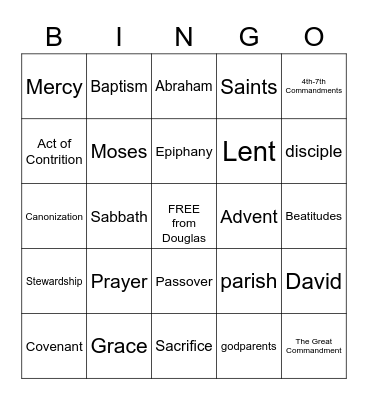 4th Grade Faith Formation Bingo Card