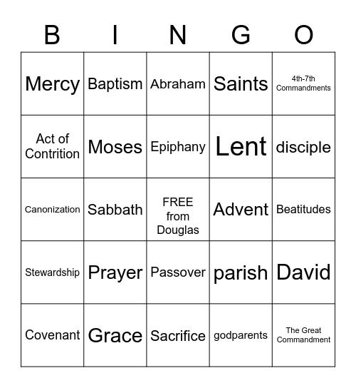 4th Grade Faith Formation Bingo Card