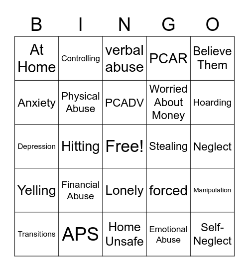 Elder Abuse Bingo Card