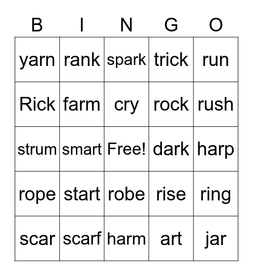 R Words vs Ar Bingo Card