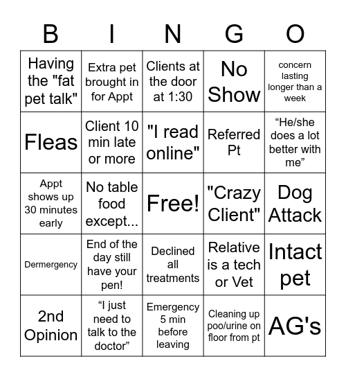 Vet Tech Bingo! Bingo Card