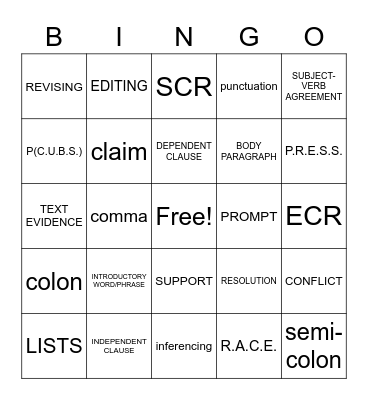 ELAR Review Bingo Card
