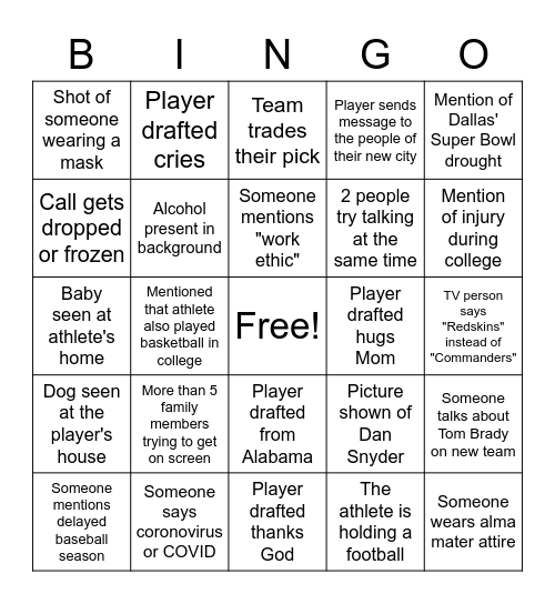 Draft Day Bingo Card