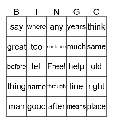 Fry Sight Words Bingo Card