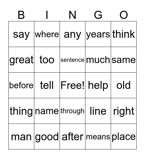 Fry Sight Words Bingo Card