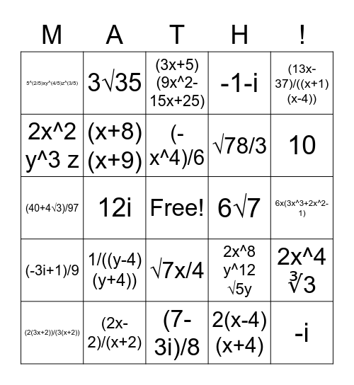 Expressions and Operations Bingo Card