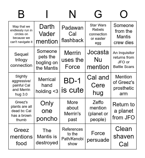 Jedi Survivor Bingo Card