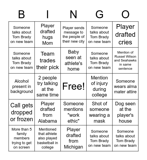 Draft Day Bingo Card