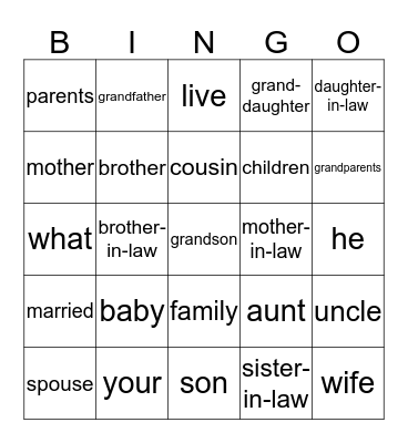 Family Members Bingo Card