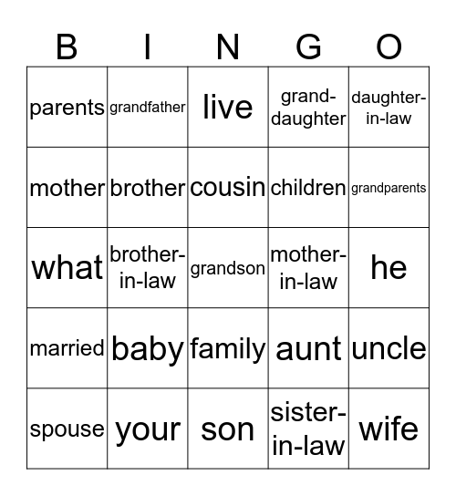 Family Members Bingo Card