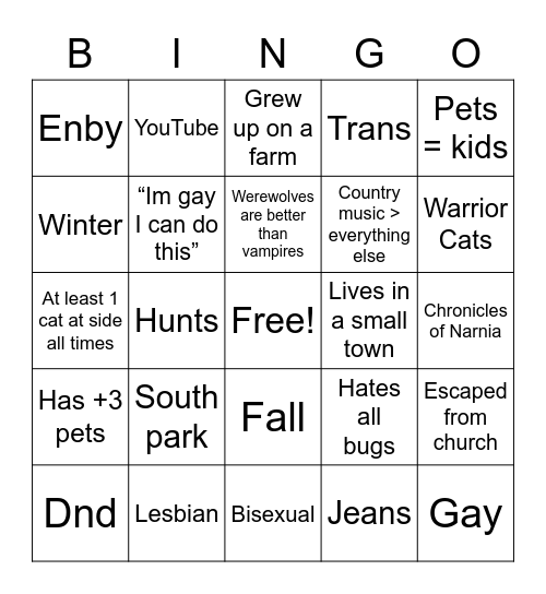 Small town gay Bingo Card