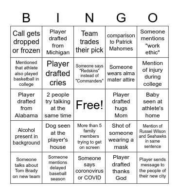 Draft Day Bingo Card