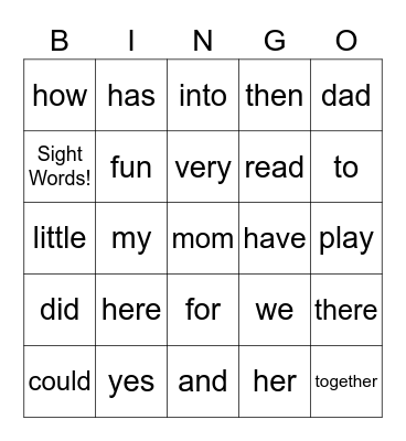 Sight Words Bingo Card