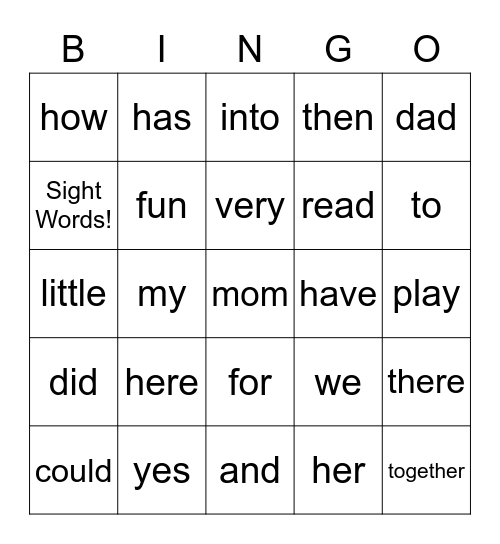 Sight Words Bingo Card