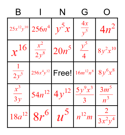 Exponent Properties BINGO Card