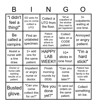 Phlebotomy Bingo Card