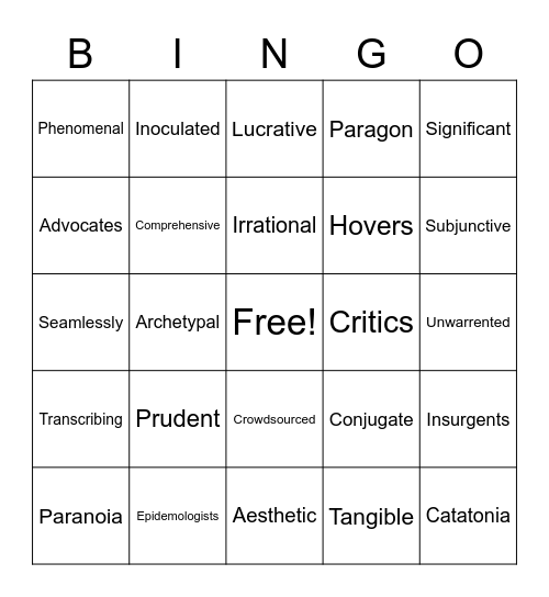 Vocabulary Bingo Card