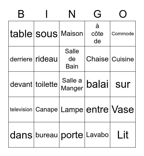 Prépositions de lieu Bingo Card