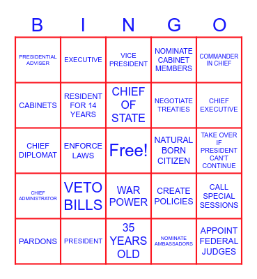 EXECUTIVE POWERS Bingo Card