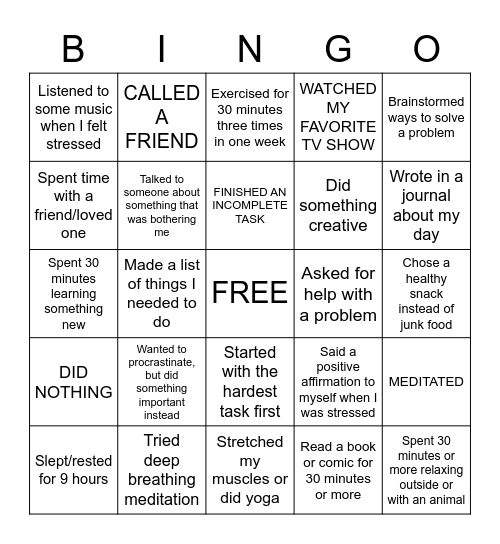 Stress Management Bingo Card