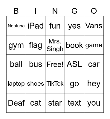 Fingerspelling Bingo Card