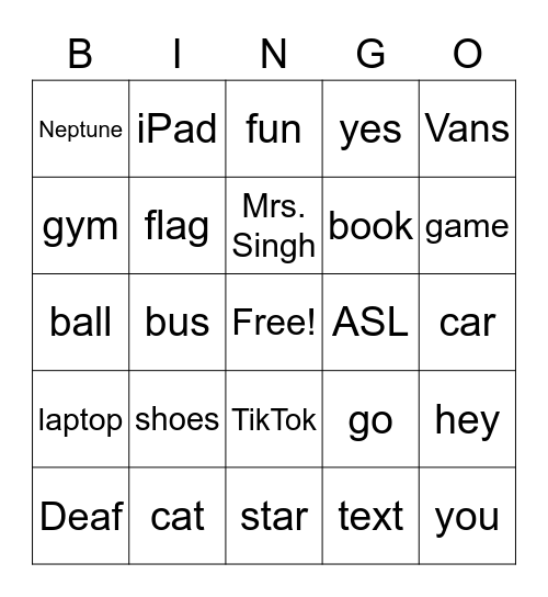 Fingerspelling Bingo Card