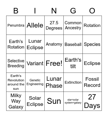 Science 8 Spring Final Review Board Bingo Card