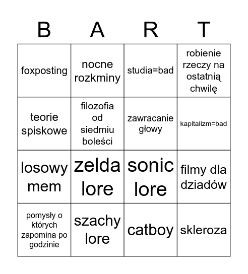 barto Bingo Card