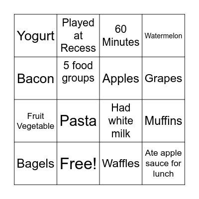 Nutrition Bingo Card