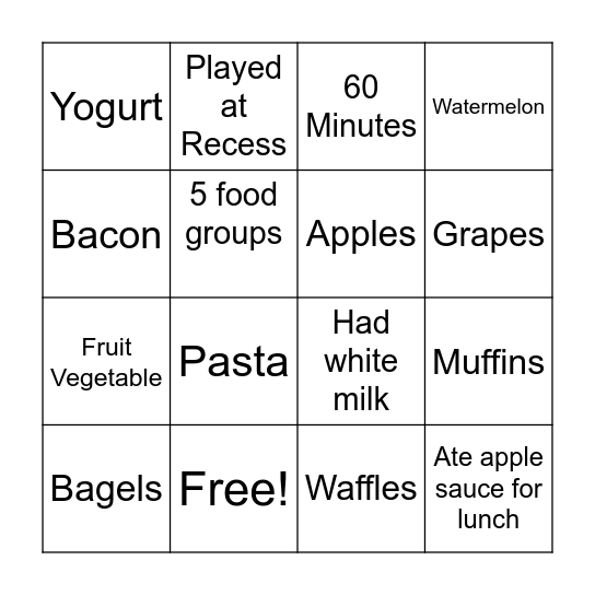 Nutrition Bingo Card