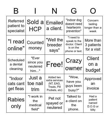 Vet Tech Bingo Card