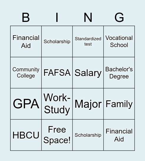 Kids 2 College Bingo Card